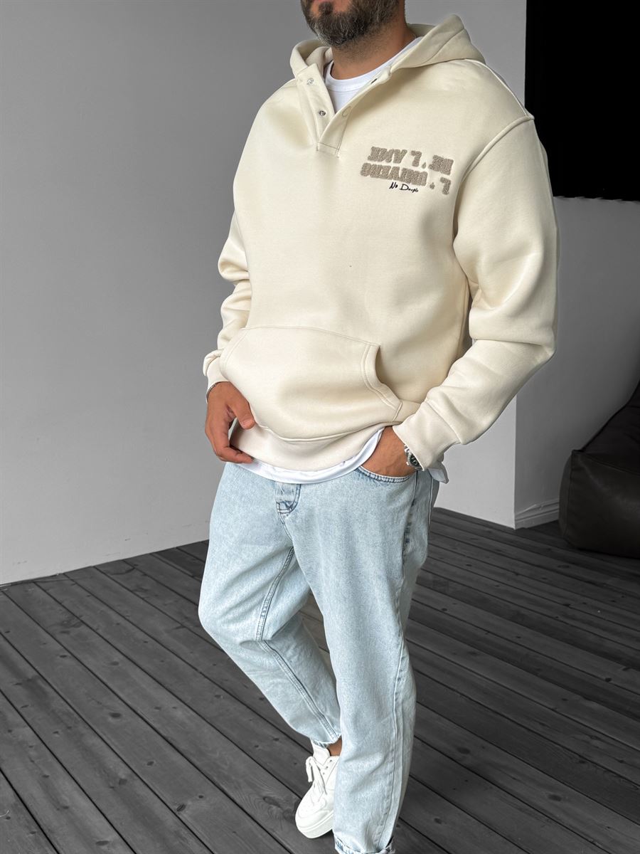 Bej Nakışlı Düğme Detaylı Sweatshirt YP-4049