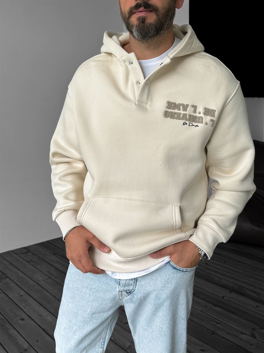 Bej Nakışlı Düğme Detaylı Sweatshirt YP-4049