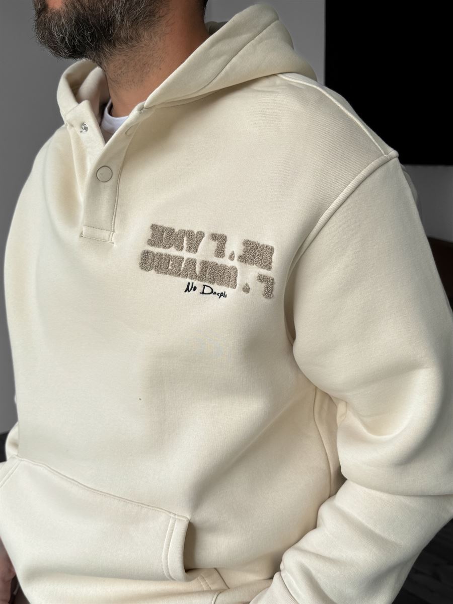 Bej Nakışlı Düğme Detaylı Sweatshirt YP-4049