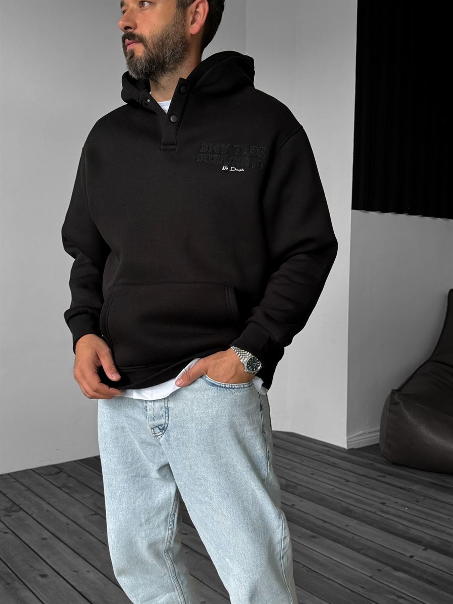 Siyah Nakışlı Düğme Detaylı Sweatshirt YP-4049