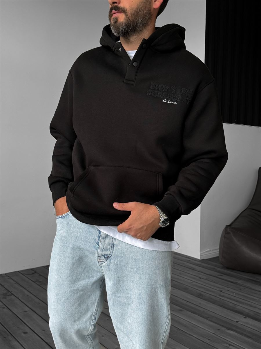 Siyah Nakışlı Düğme Detaylı Sweatshirt YP-4049