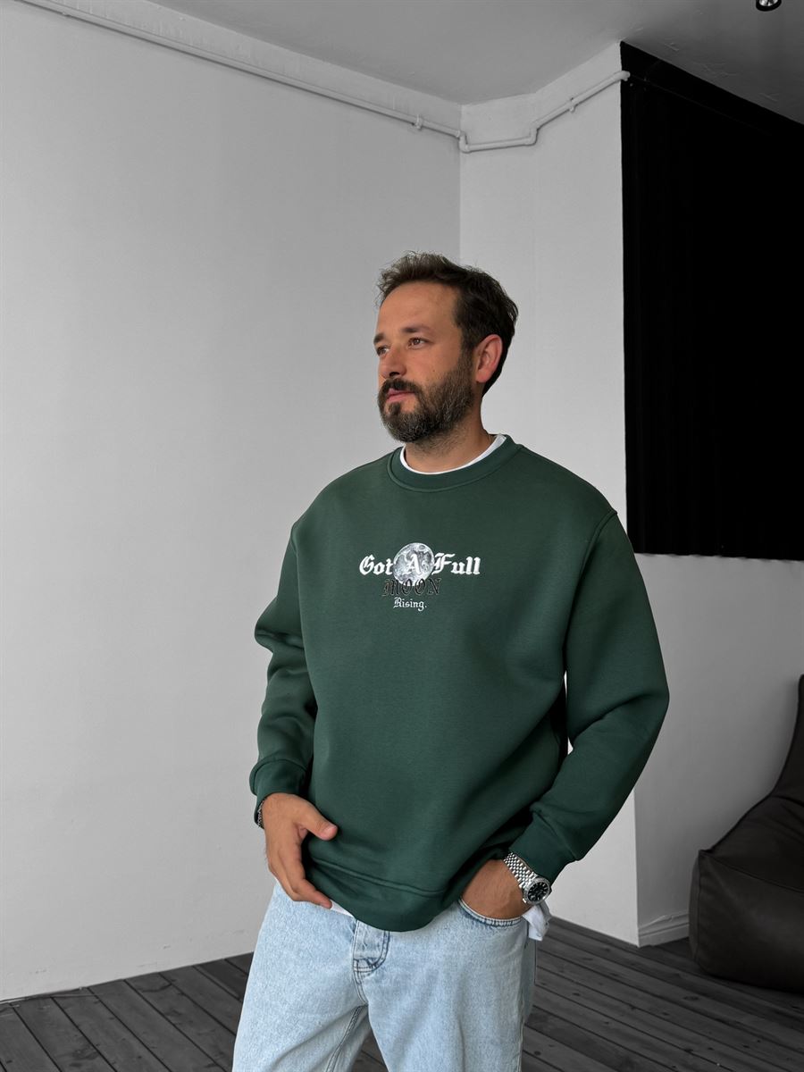 Koyu Yeşil Moon Nakışlı Sweatshirt YP-4040