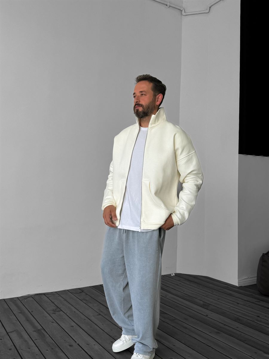 Ekru Yakalı Fermuarlı Basic Sweat C-705