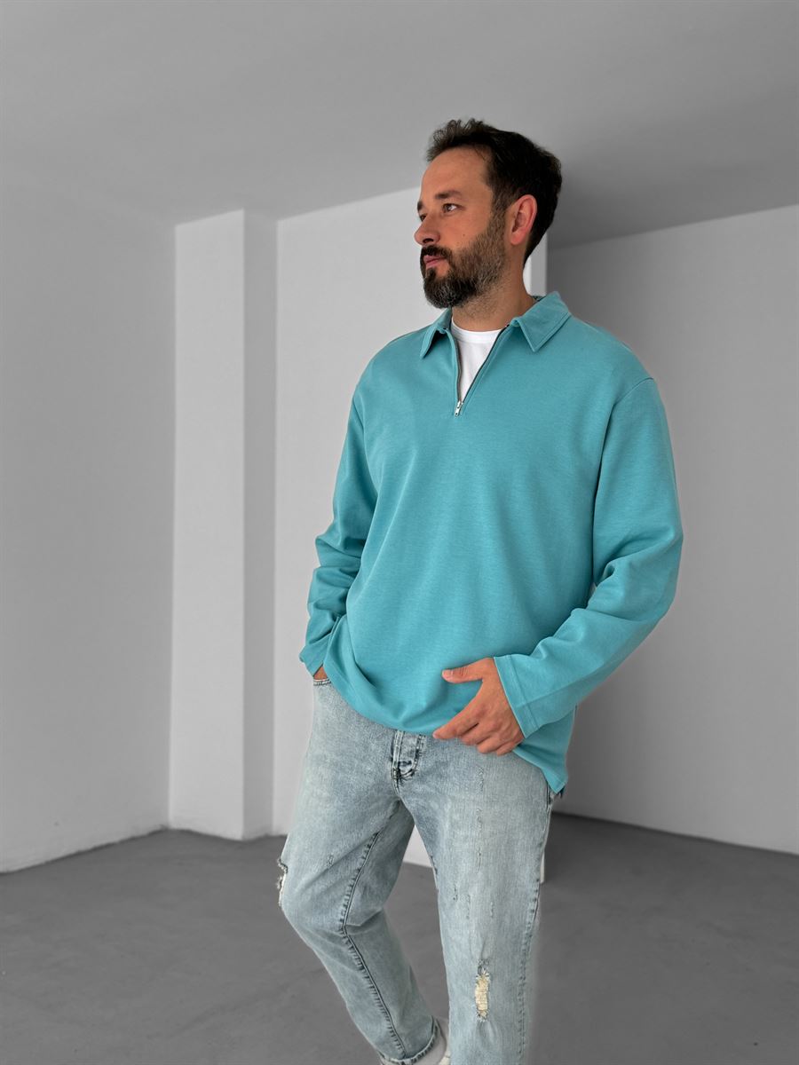 Petrol Mavisi İnce Yarım Fermuarlı Sweatshirt KE-417