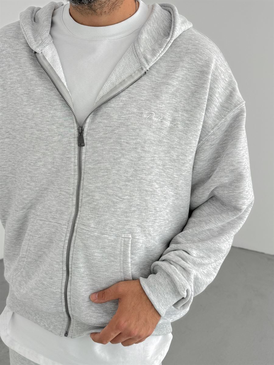 Gri Nakışlı Kapüşonlu Sweat PM-147