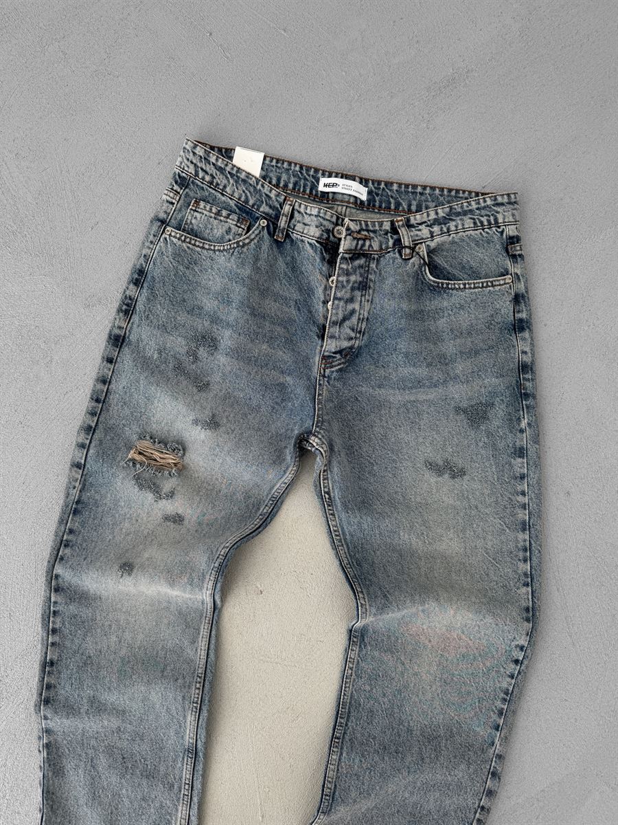 Açık Mavi Tek Yırtıklı Baggy Jean KE-609