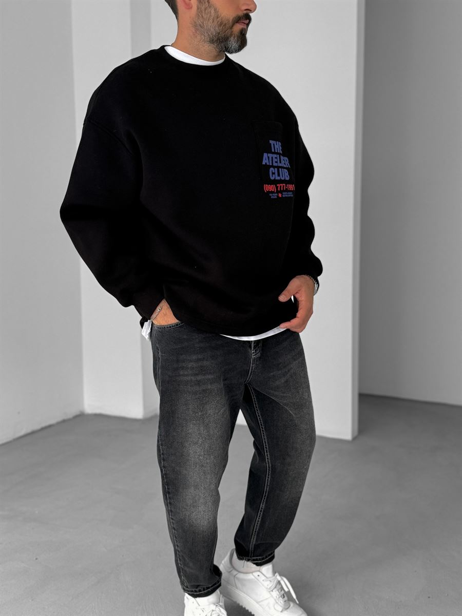 Siyah Cebi Baskılı Sweatshirt V-10-43