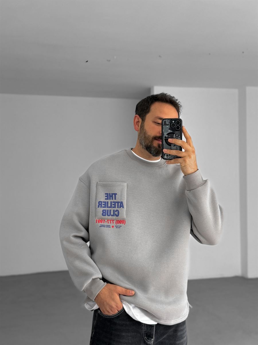 Ice Gri Cebi Baskılı Sweatshirt V-10-43