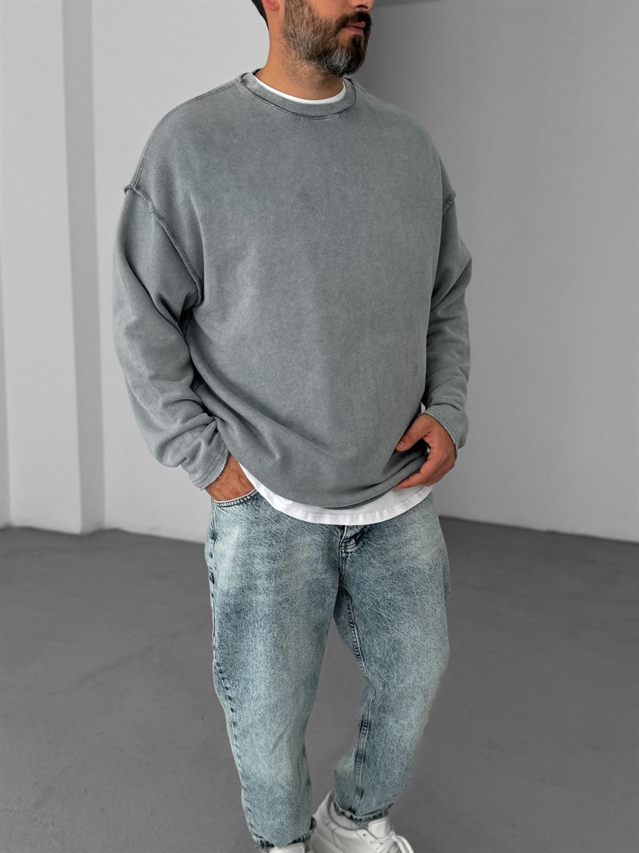 Gri Ters Dikiş Yıkamalı Sweatshirt V-10-40