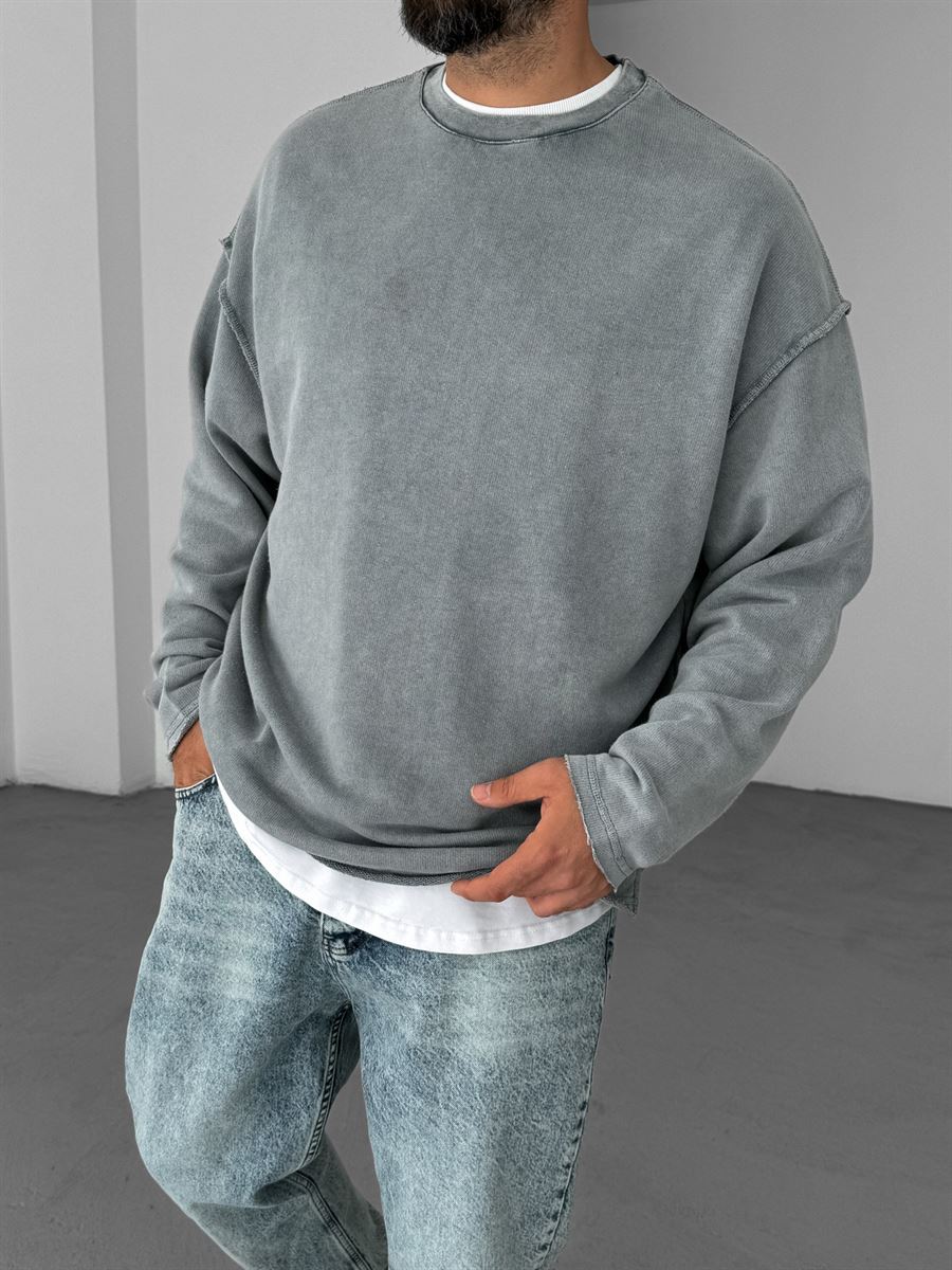 Gri Ters Dikiş Yıkamalı Sweatshirt V-10-40