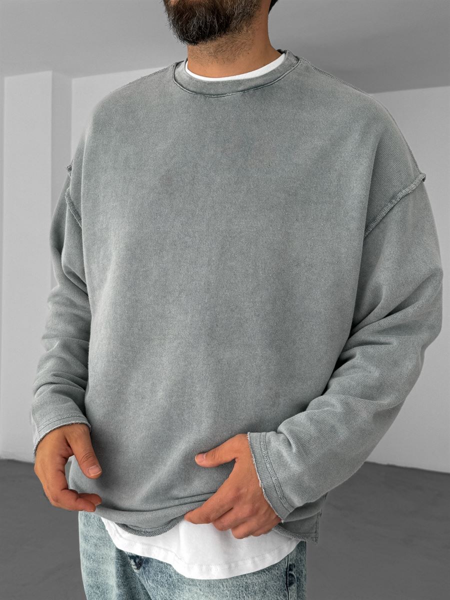 Gri Ters Dikiş Yıkamalı Sweatshirt V-10-40