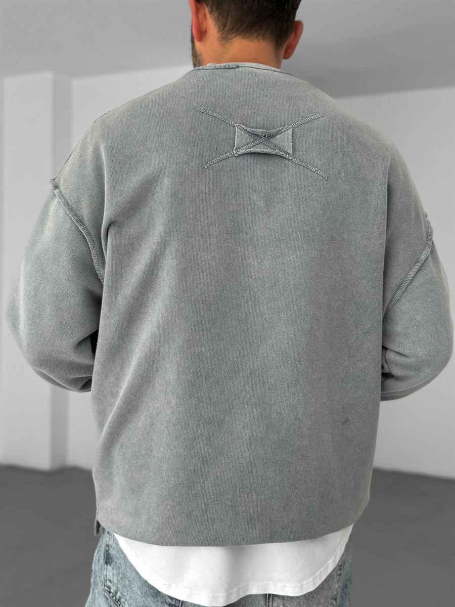 Gri Ters Dikiş Yıkamalı Sweatshirt V-10-40