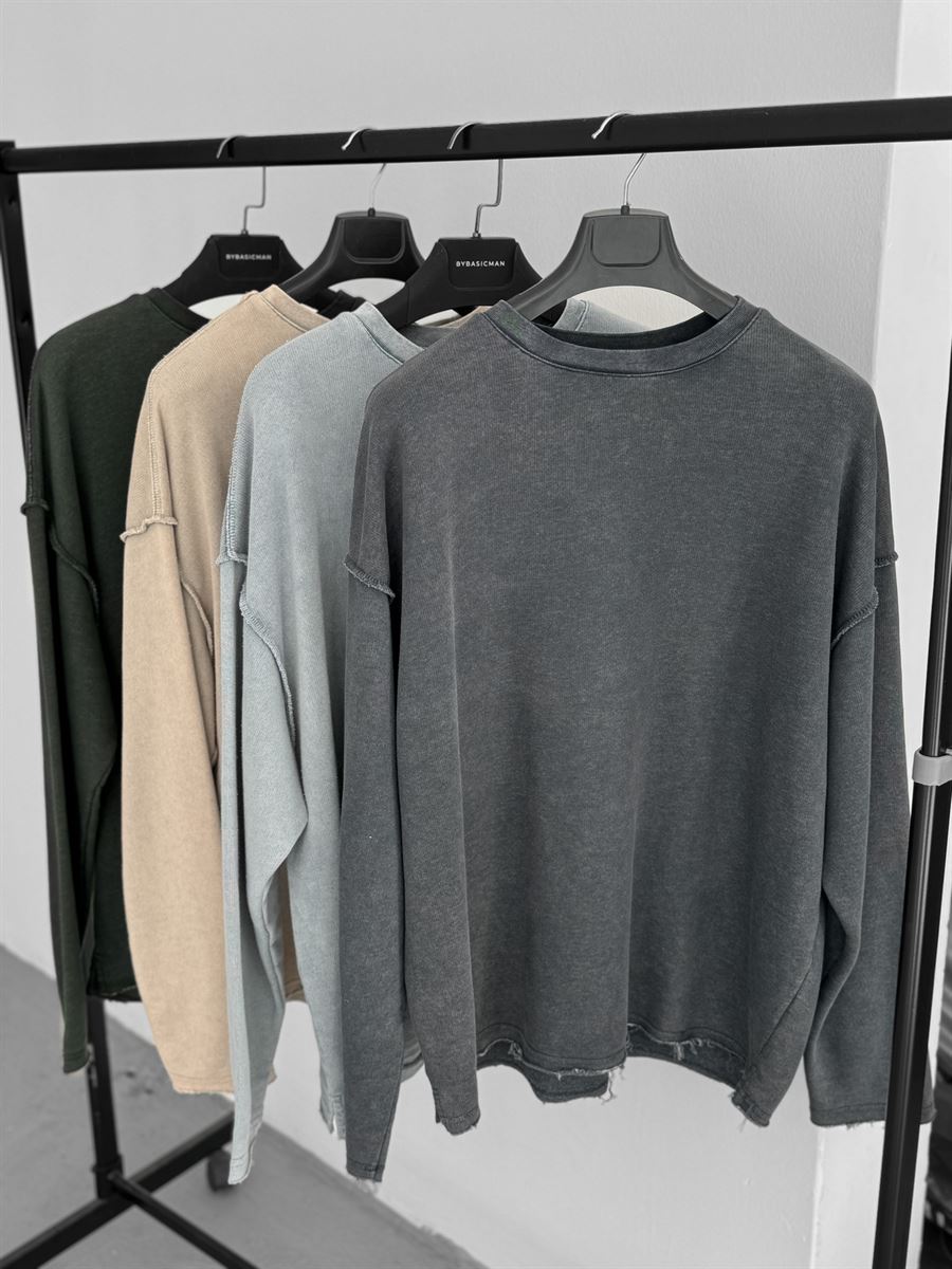 Gri Ters Dikiş Yıkamalı Sweatshirt V-10-40