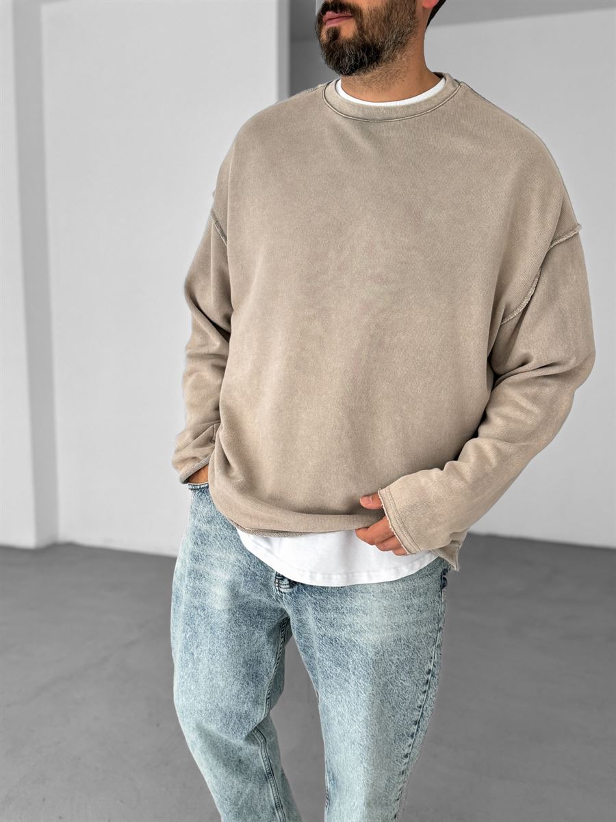 Açık Kahve Ters Dikiş Yıkamalı Sweatshirt V-10-40