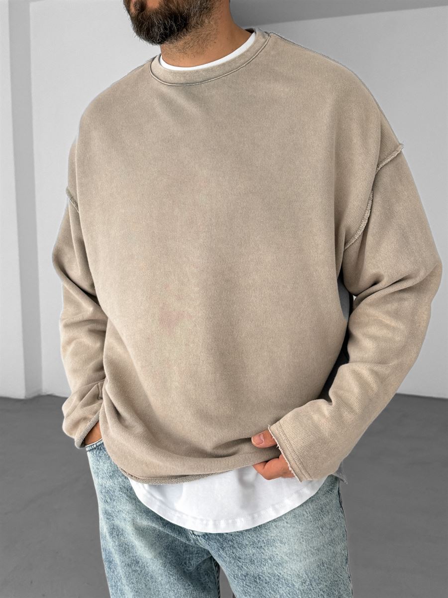 Açık Kahve Ters Dikiş Yıkamalı Sweatshirt V-10-40