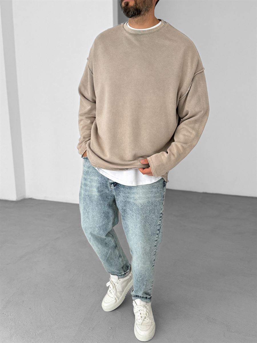 Açık Kahve Ters Dikiş Yıkamalı Sweatshirt V-10-40