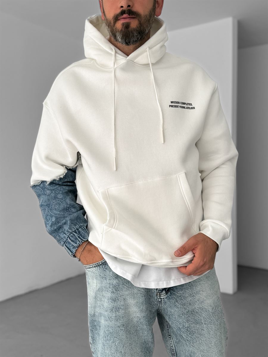 Beyaz Kot Parçalı Kapüşonlu Sweatshirt V-10-51