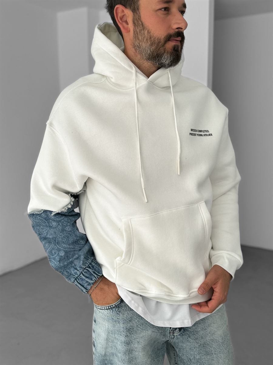 Beyaz Kot Parçalı Kapüşonlu Sweatshirt V-10-51