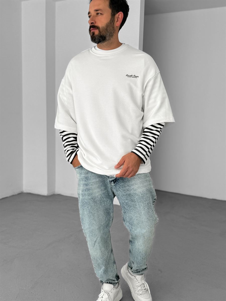 Beyaz Kolu Çizgili Parçalı Sweatshirt V-10-16