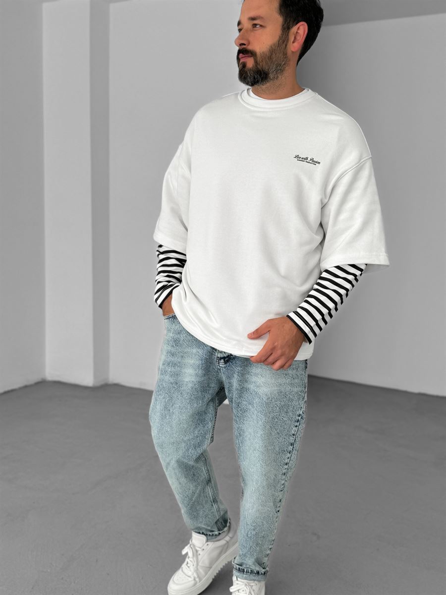 Beyaz Kolu Çizgili Parçalı Sweatshirt V-10-16