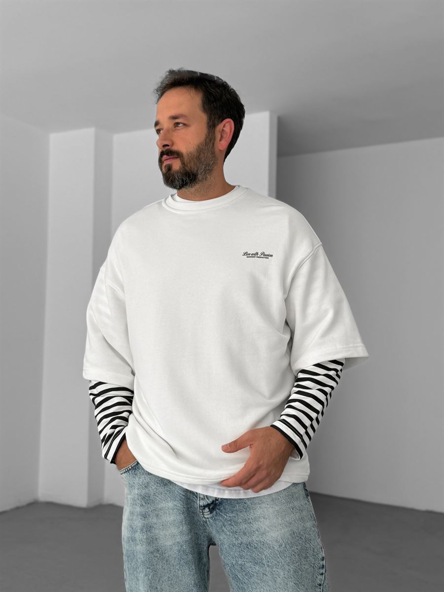 Beyaz Kolu Çizgili Parçalı Sweatshirt V-10-16