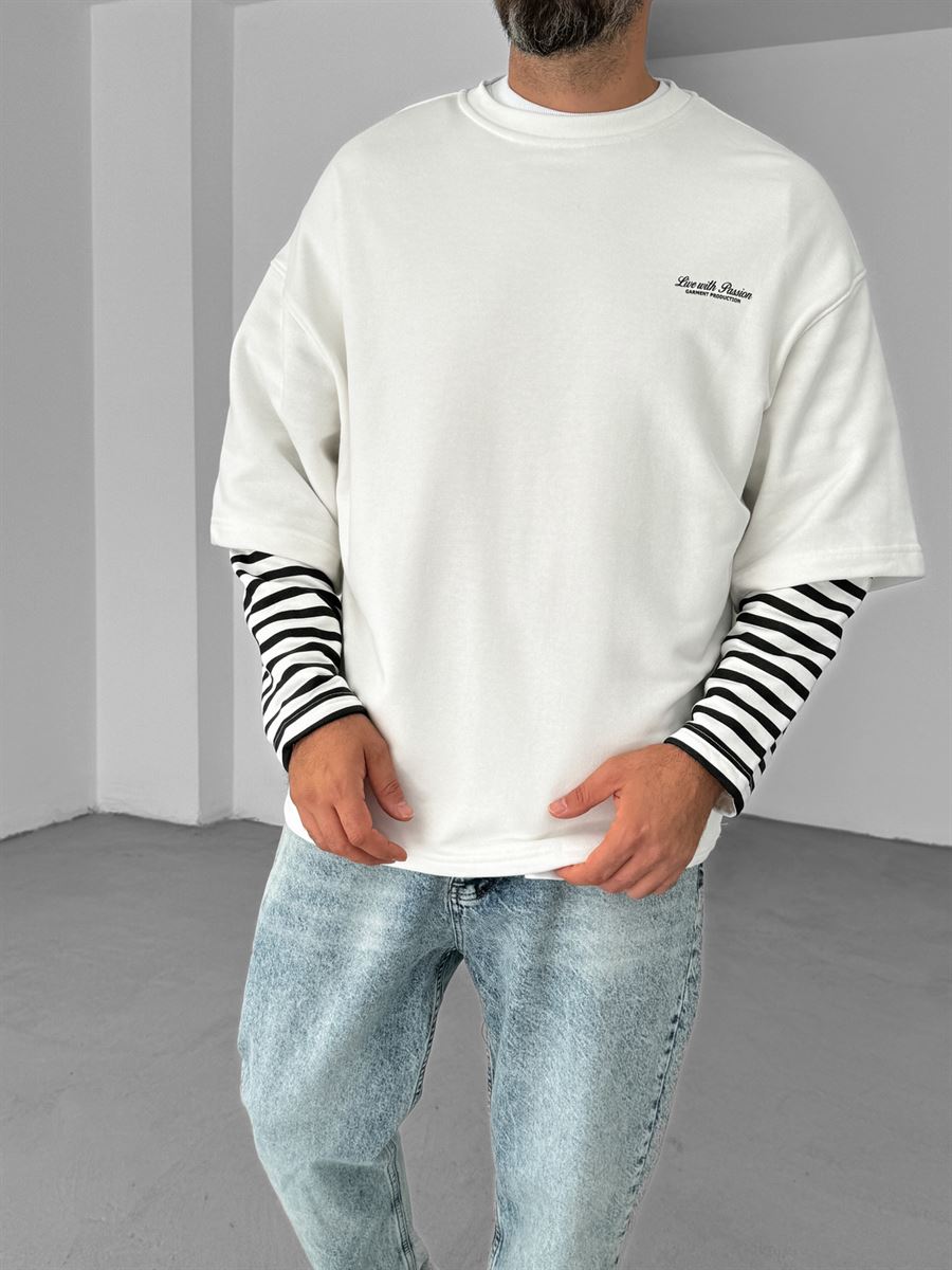 Beyaz Kolu Çizgili Parçalı Sweatshirt V-10-16