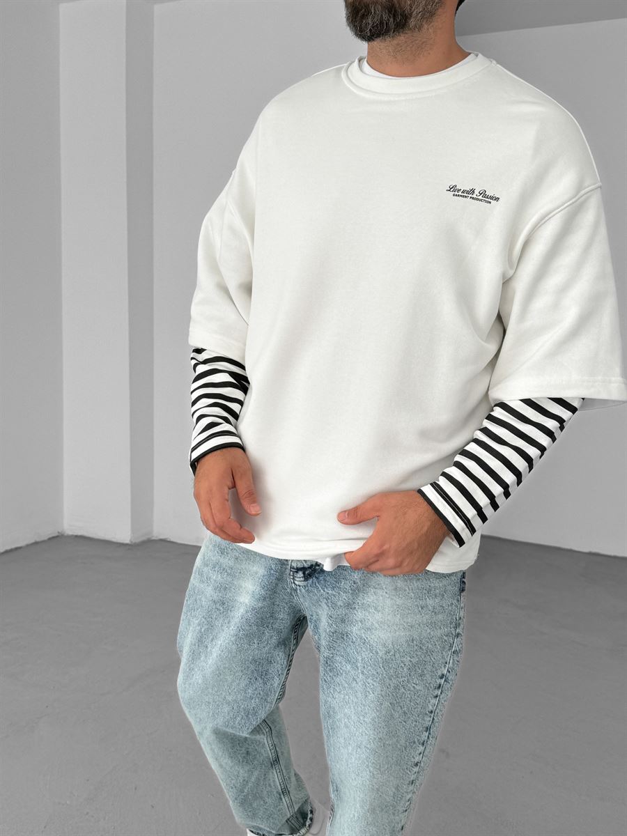 Beyaz Kolu Çizgili Parçalı Sweatshirt V-10-16