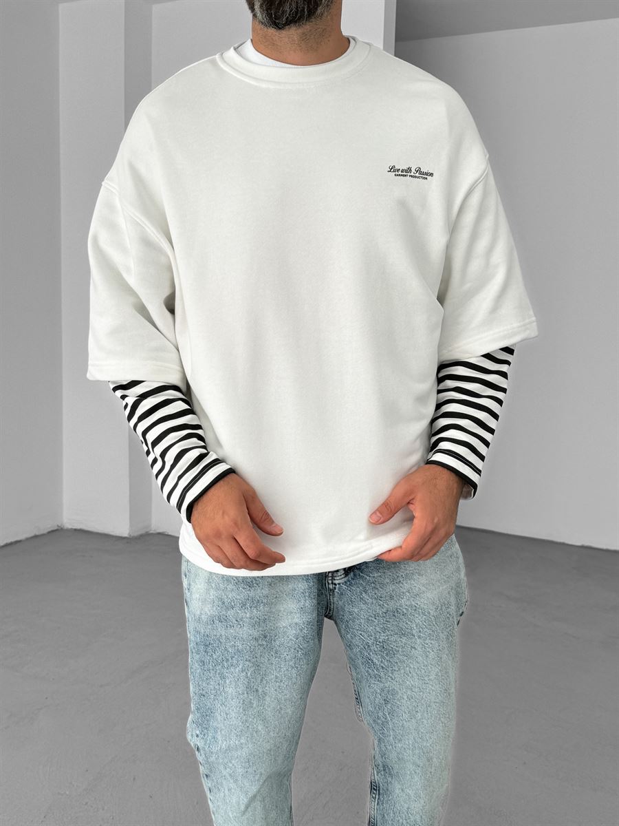 Beyaz Kolu Çizgili Parçalı Sweatshirt V-10-16