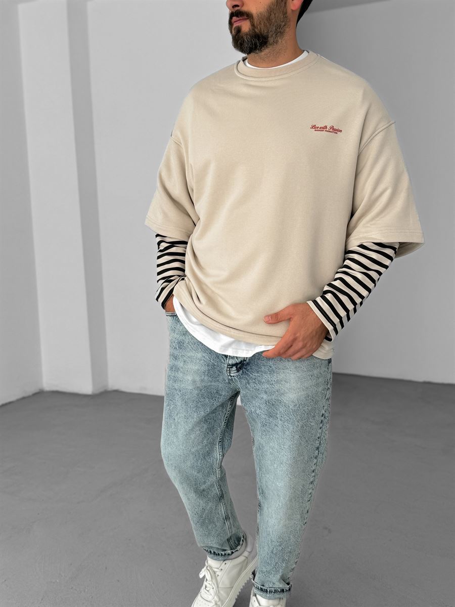 Bej Kolu Çizgili Parçalı Sweatshirt V-10-16