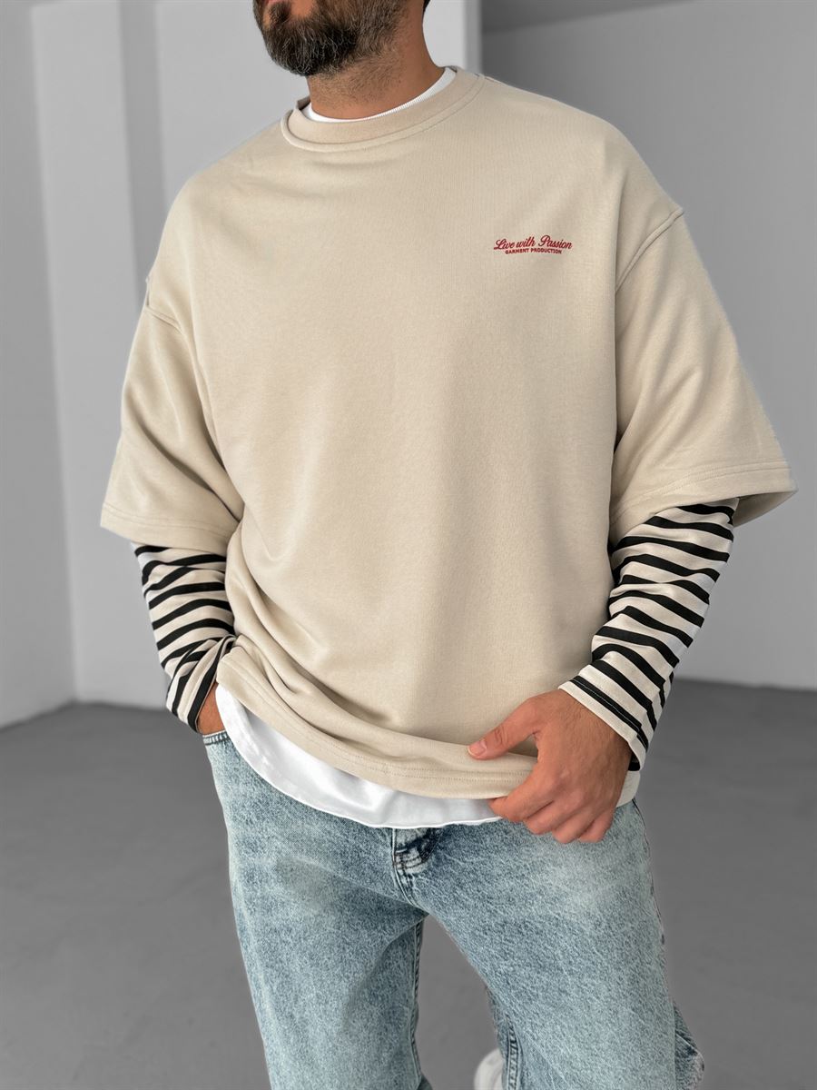 Bej Kolu Çizgili Parçalı Sweatshirt V-10-16