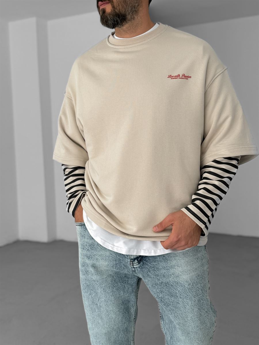 Bej Kolu Çizgili Parçalı Sweatshirt V-10-16