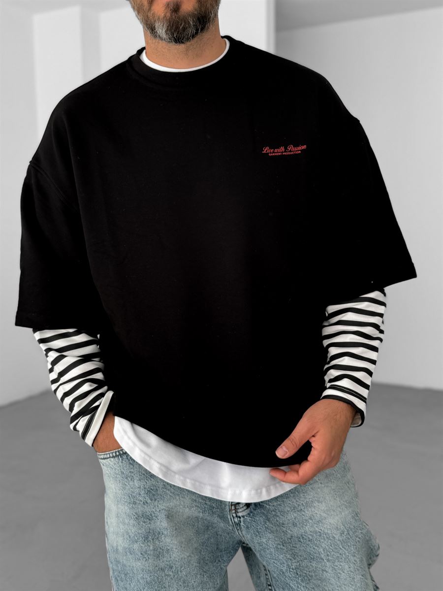 Siyah Kolu Çizgili Parçalı Sweatshirt V-10-16