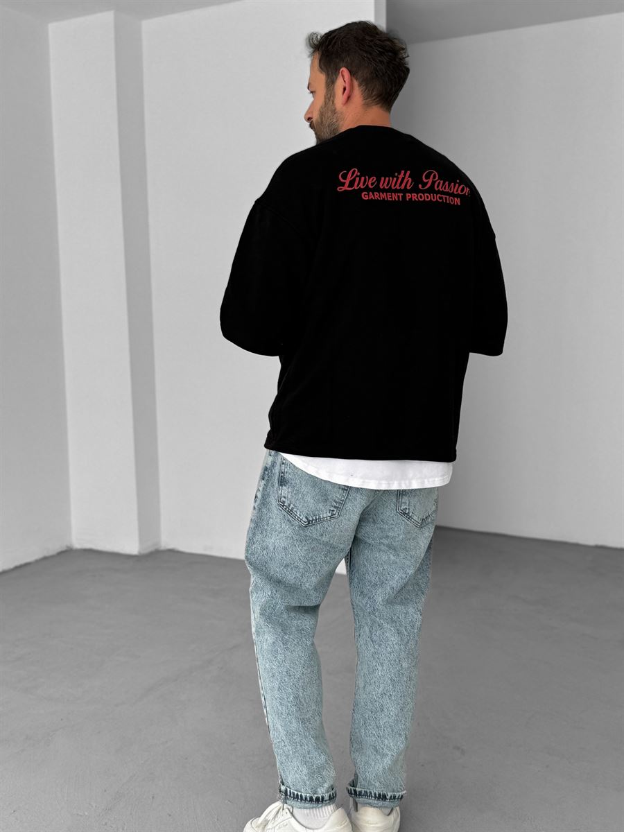 Siyah Kolu Çizgili Parçalı Sweatshirt V-10-16