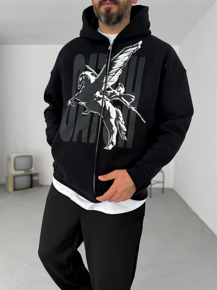 Siyah Pegasus Baskılı Fermuarlı Sweatshirt C-023