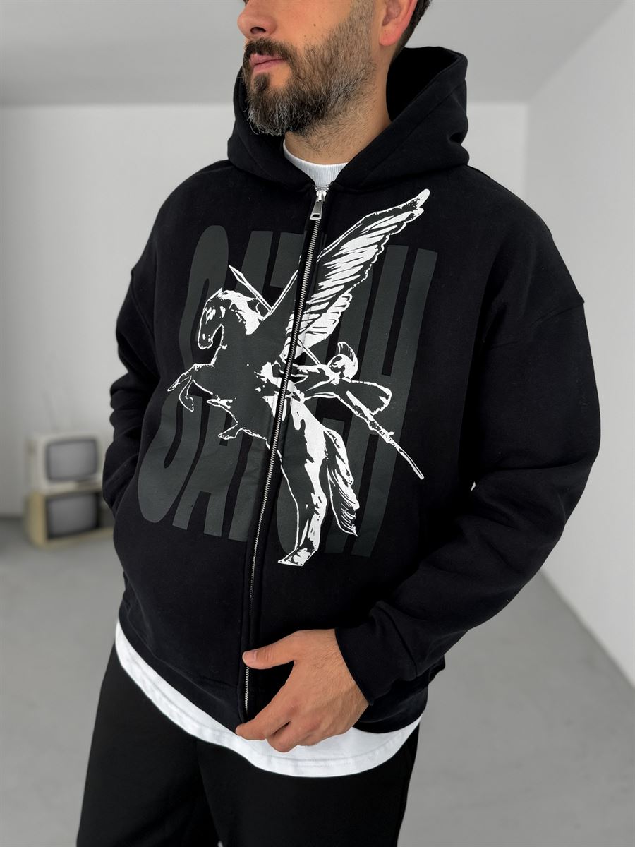 Siyah Pegasus Baskılı Fermuarlı Sweatshirt C-023