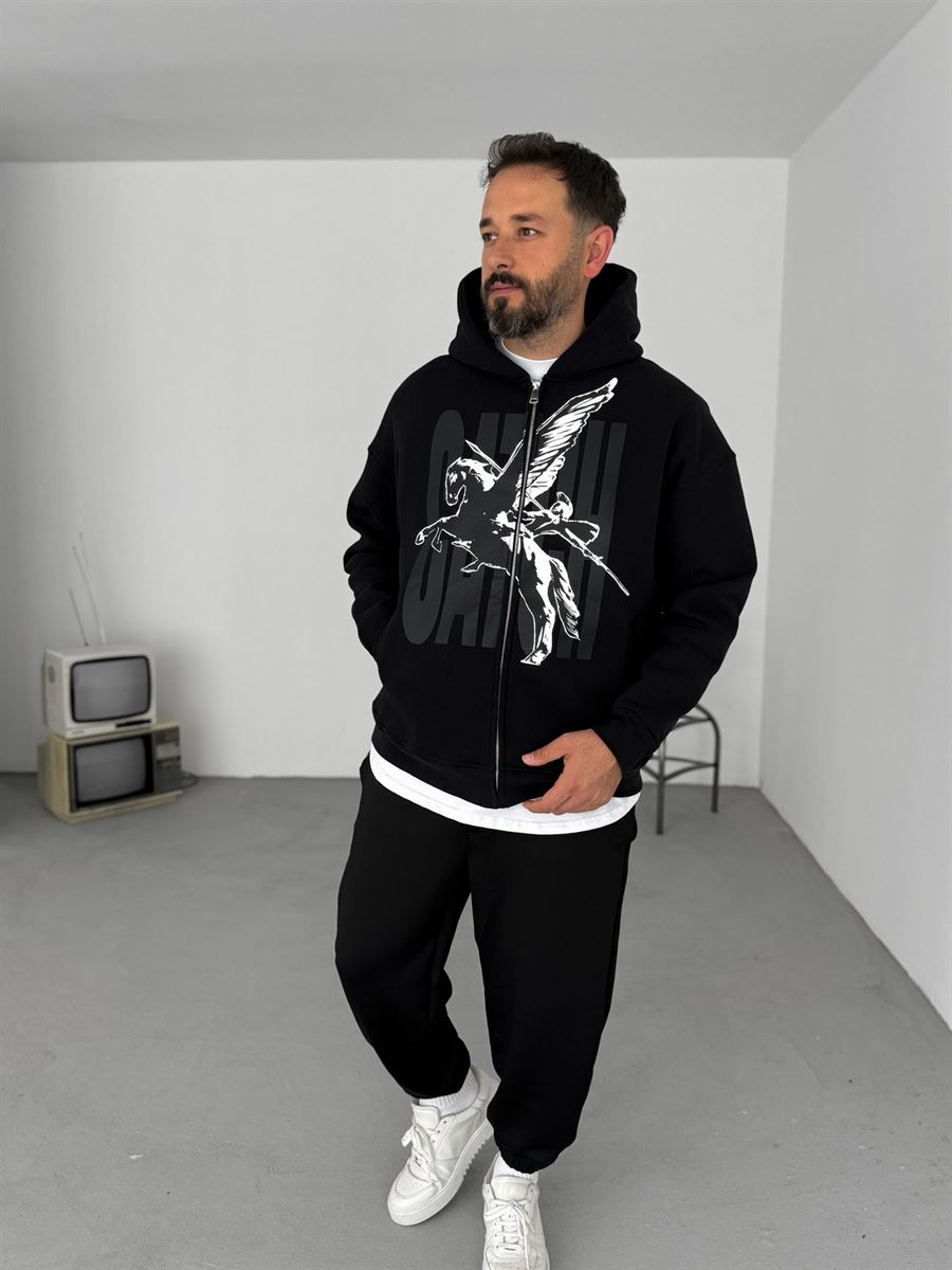 Siyah Pegasus Baskılı Fermuarlı Sweatshirt C-023