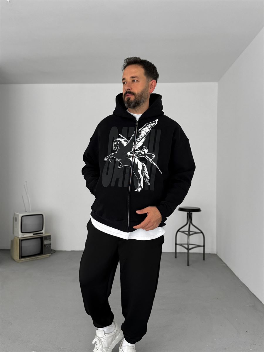 Siyah Pegasus Baskılı Fermuarlı Sweatshirt C-023