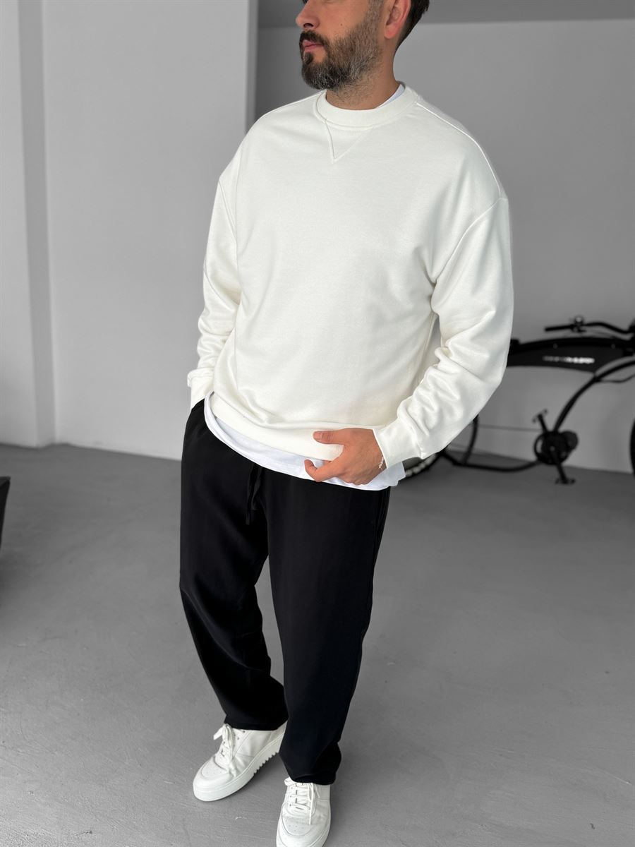 Beyaz V Dikiş Basic Sweatshirt KE-418