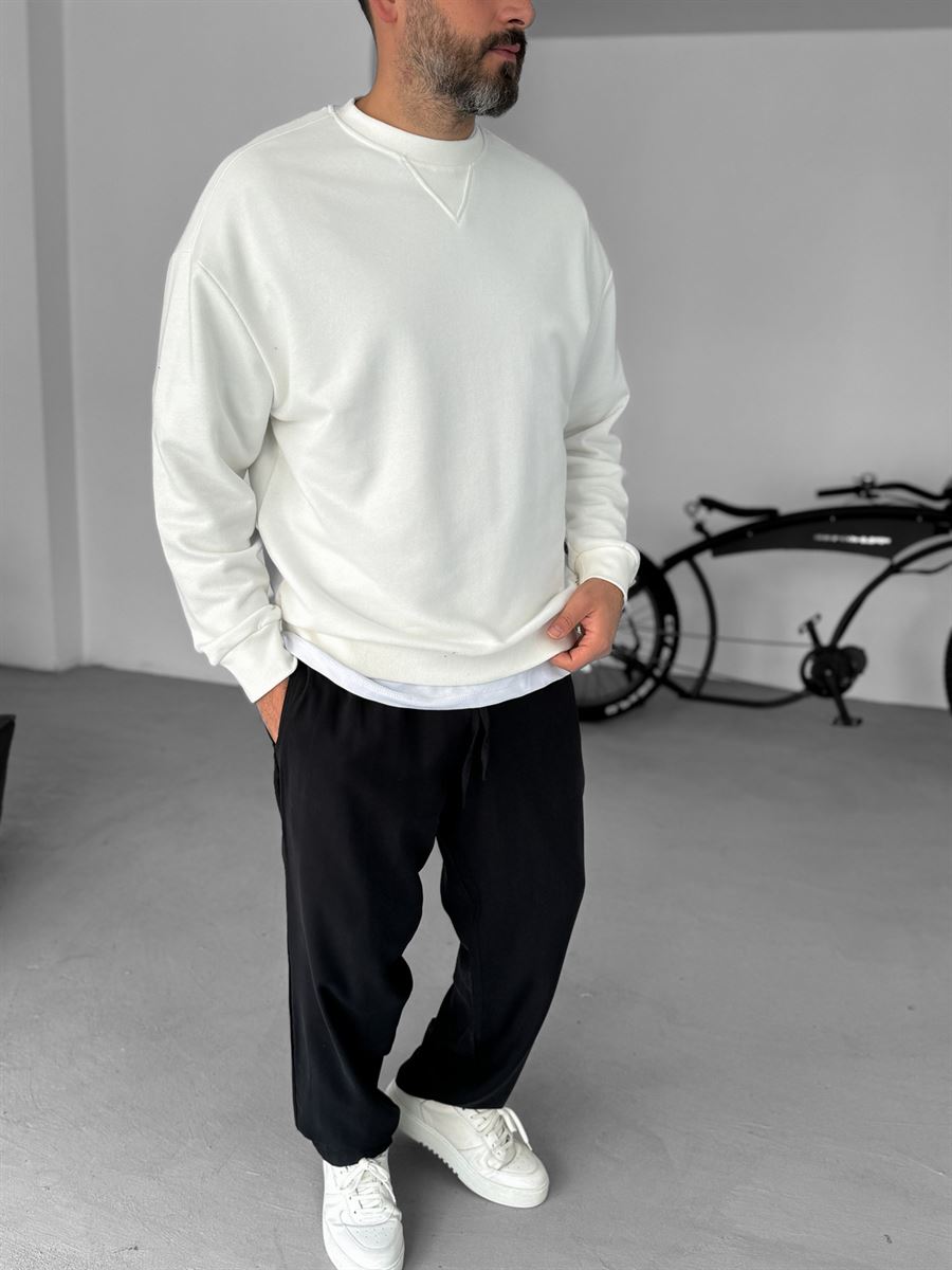 Beyaz V Dikiş Basic Sweatshirt KE-418