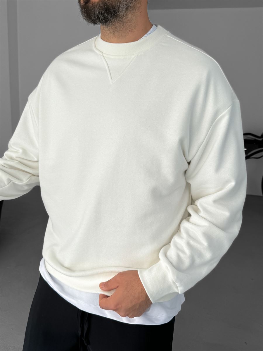 Beyaz V Dikiş Basic Sweatshirt KE-418