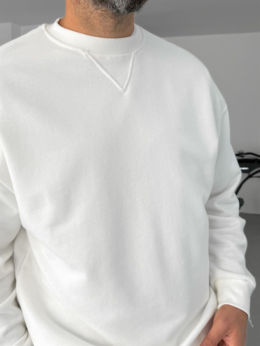 Beyaz V Dikiş Basic Sweatshirt KE-418