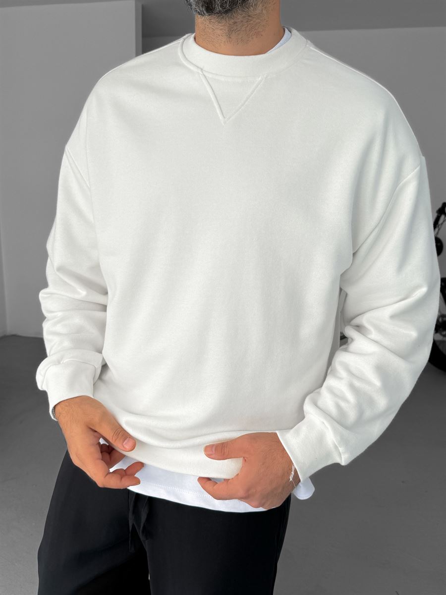 Beyaz V Dikiş Basic Sweatshirt KE-418