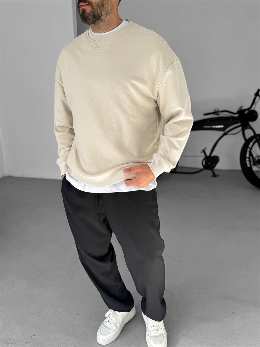 Bej V Dikiş Basic Sweatshirt KE-418