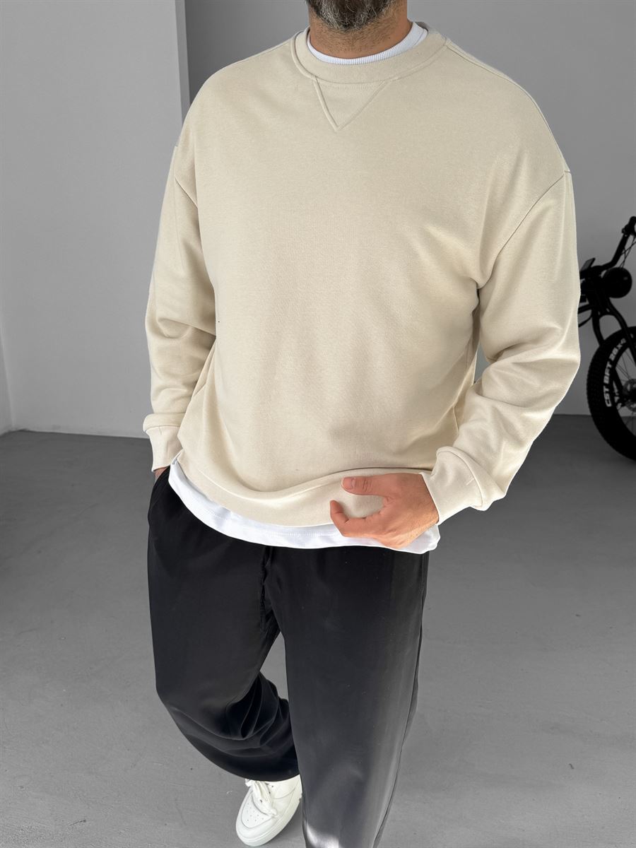 Bej V Dikiş Basic Sweatshirt KE-418