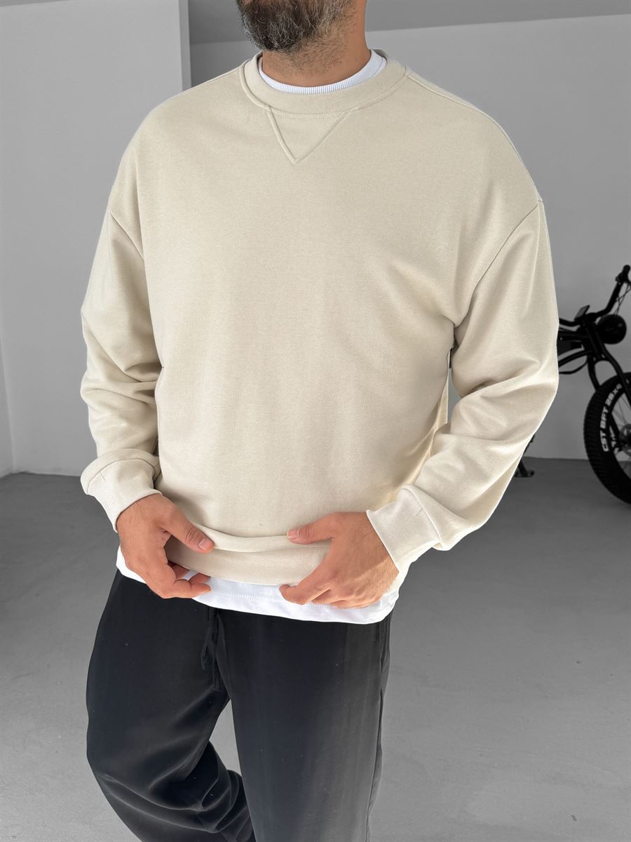 Bej V Dikiş Basic Sweatshirt KE-418