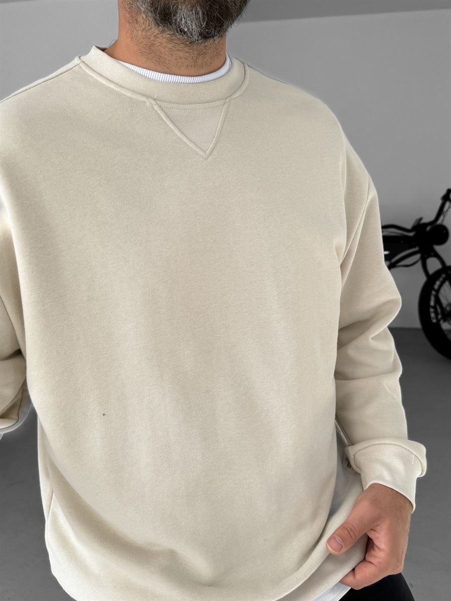 Bej V Dikiş Basic Sweatshirt KE-418