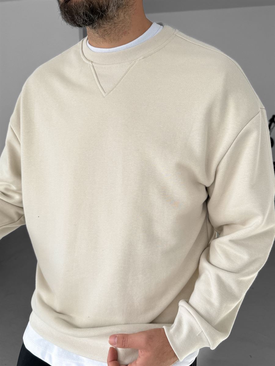 Bej V Dikiş Basic Sweatshirt KE-418