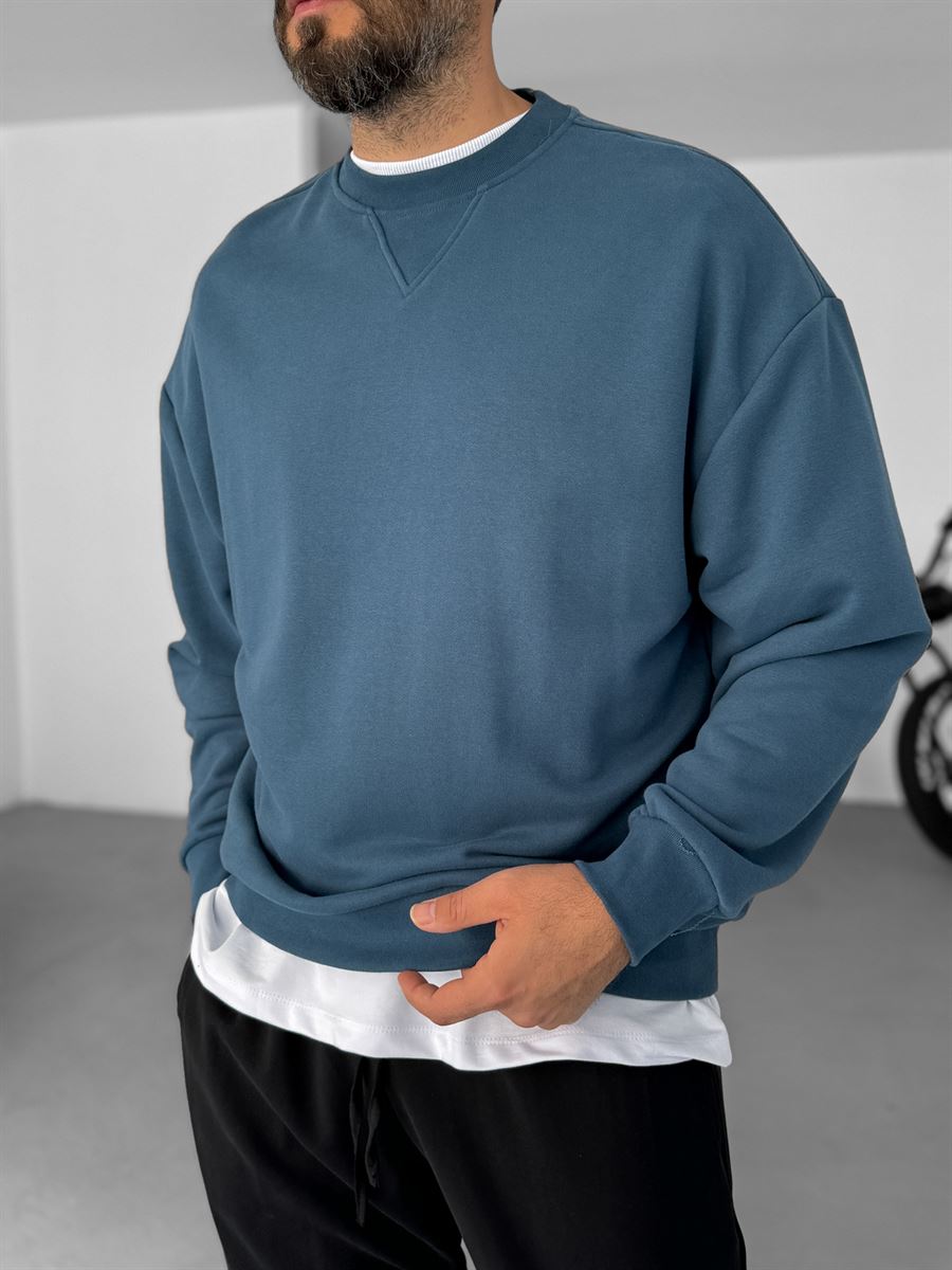 Petrol Mavisi V Dikiş Basic Sweatshirt KE-418