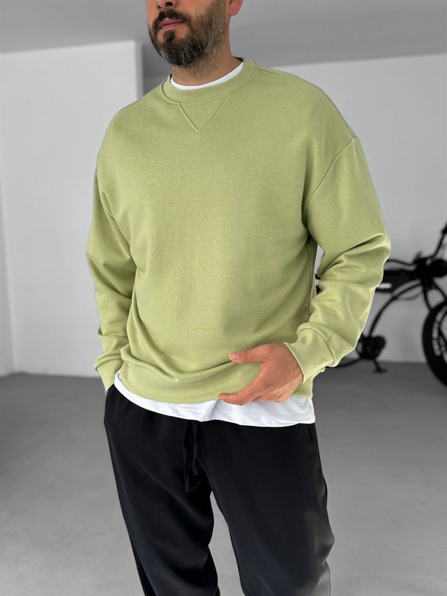 Fıstık Yeşili V Dikiş Basic Sweatshirt KE-418