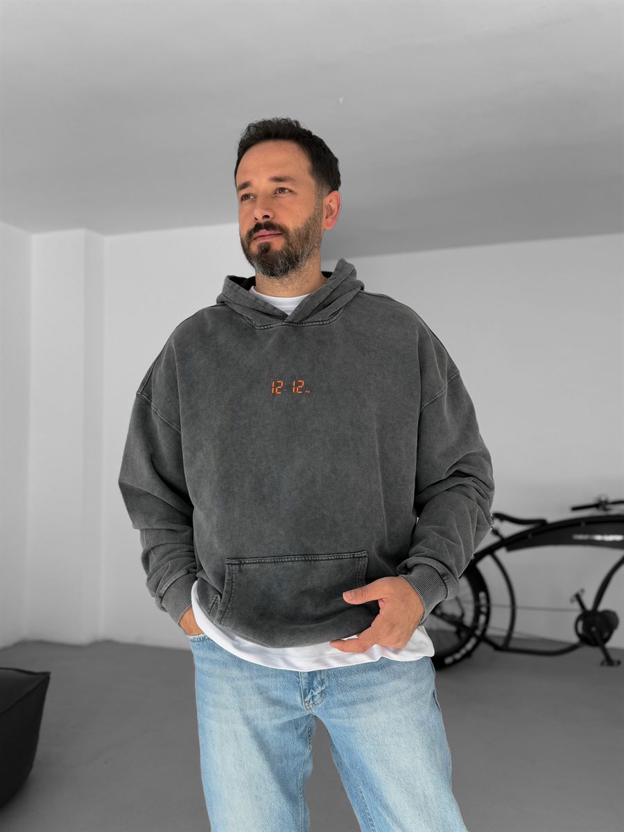 Antrasit 12:12 Baskılı Kapüşonlu Sweatshirt PM-152